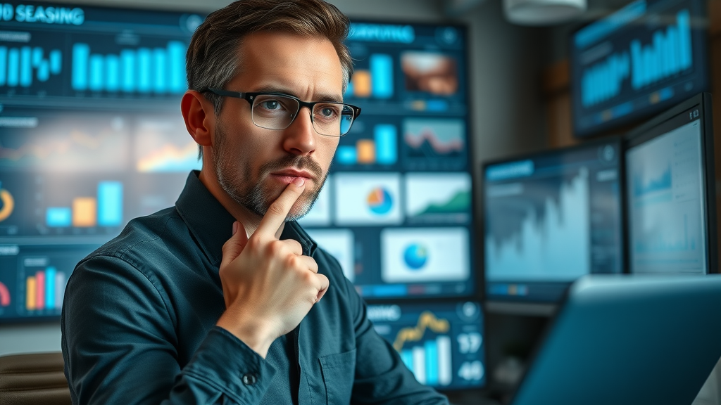 Marketing strategist analyzing social media strategy for small business using digital dashboards and graphs