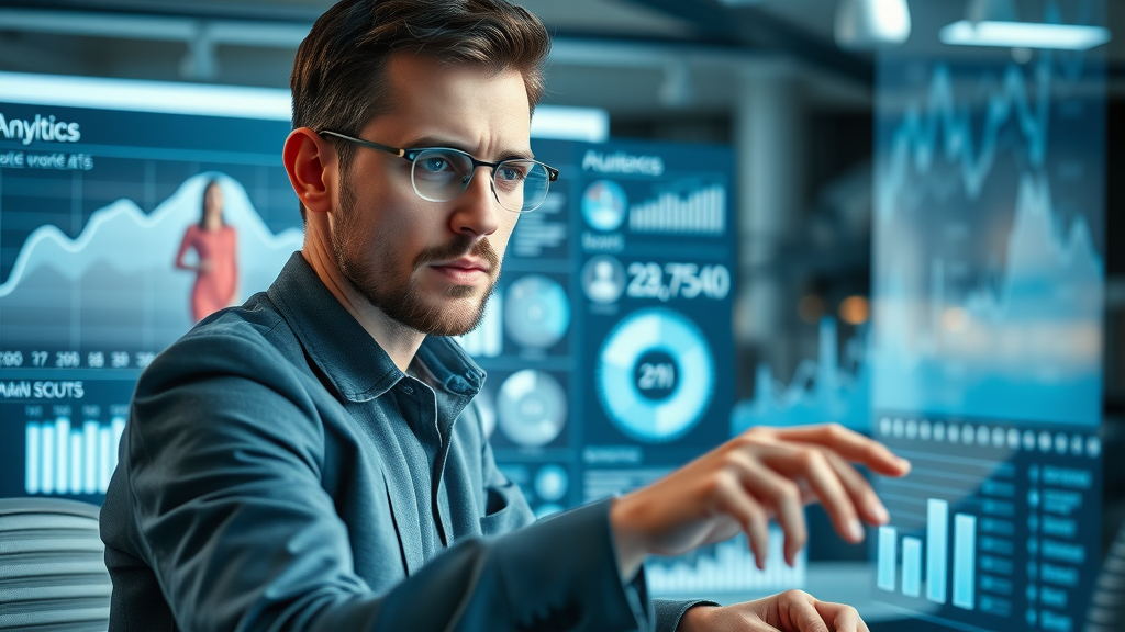 Small business owner analyzing target audience data for social media strategy across multiple platforms