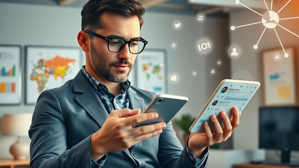 Entrepreneur comparing multiple social media platform interfaces to identify the best options for small business success