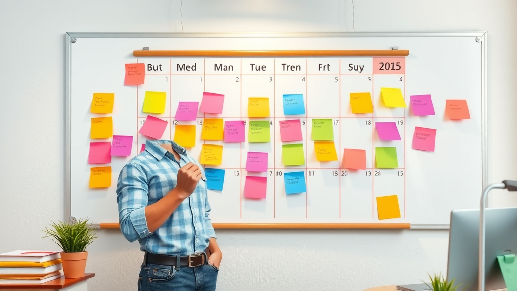Marketer organizing a social media content calendar for small business in a bright office setting