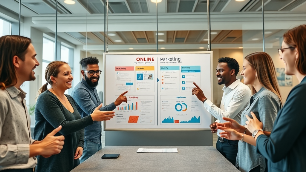 Diverse marketing team integrating social media marketing with traditional business strategies in a collaborative workspace