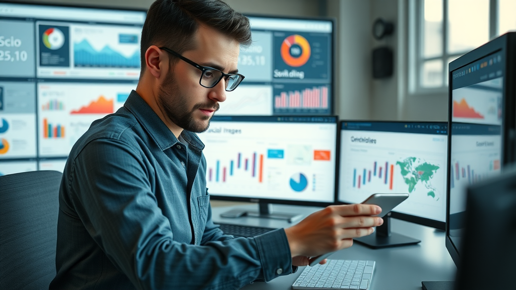 Professional analyzing dashboards from top social media marketing tools for small business management