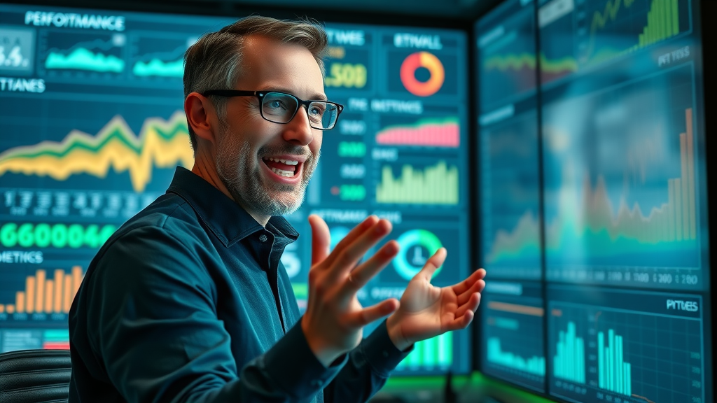 Data analyst reviewing KPIs for social media marketing success in a high-tech office environment