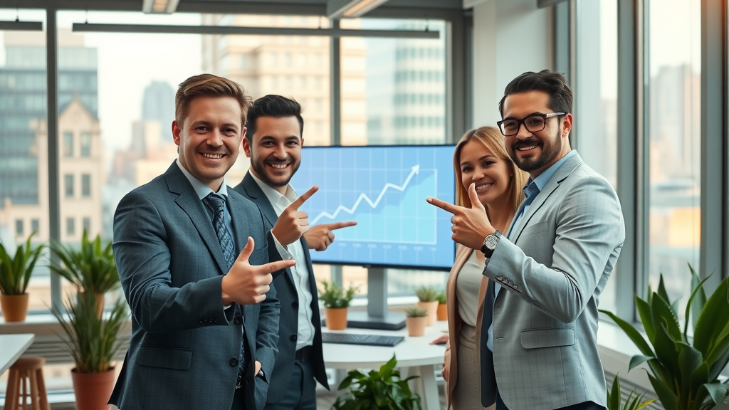 Small business team celebrating social media growth in a coworking space with a digital upward trend graph