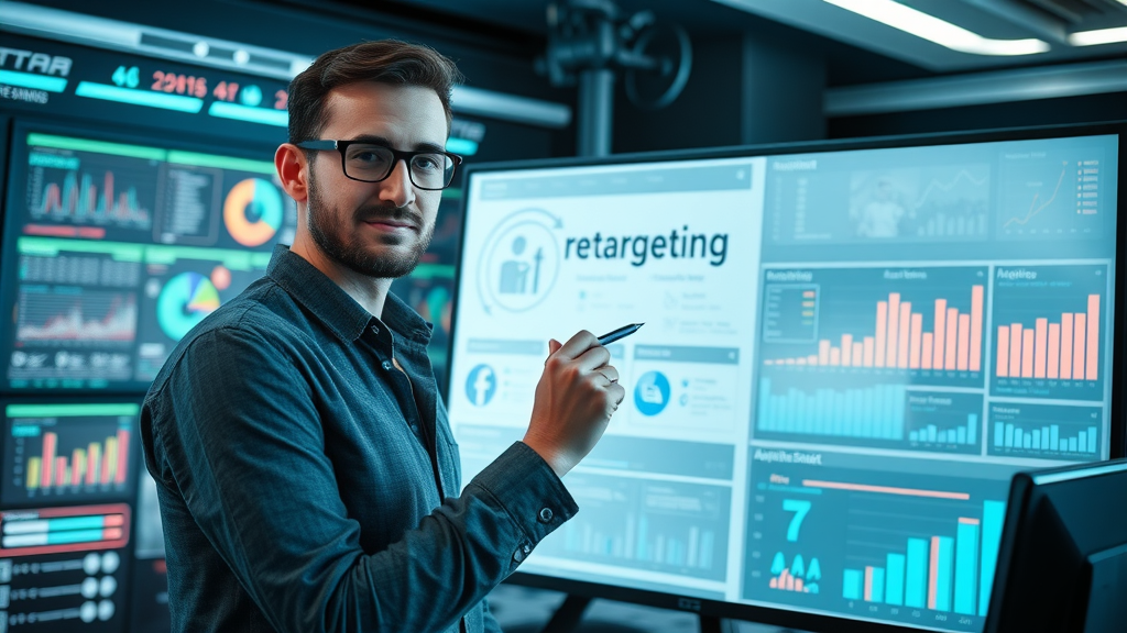 marketer explains google retargeting strategies for conversions on a digital whiteboard, with audience segments and conversion rate analytics visible