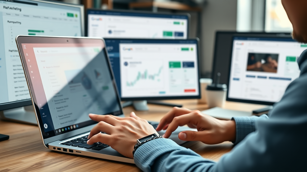 marketer configuring Google Ads remarketing for conversions, dashboard setup showing retargeting strategies