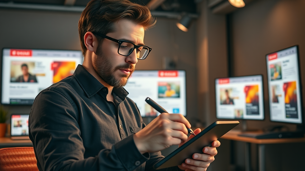digital marketer drafting high-impact retargeting ad copy in a creative workspace, increasing conversion rates