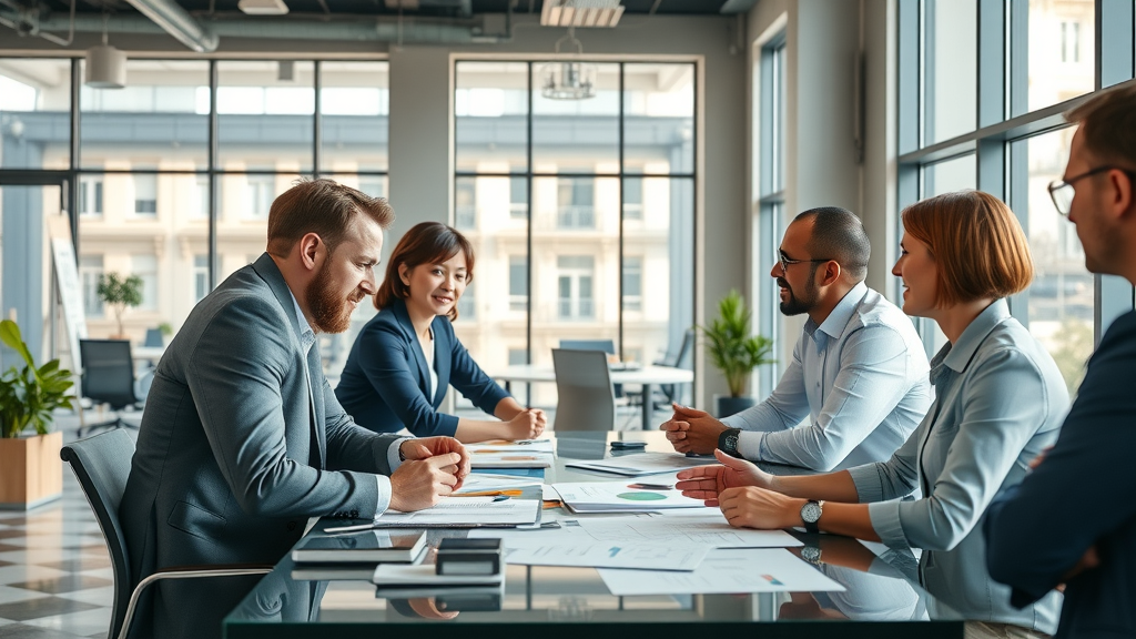 Modern branding agency team developing brand voice definition, discussing creative ideas around a table in a sleek office, vibrant and collaborative environment, brand strategy materials present.