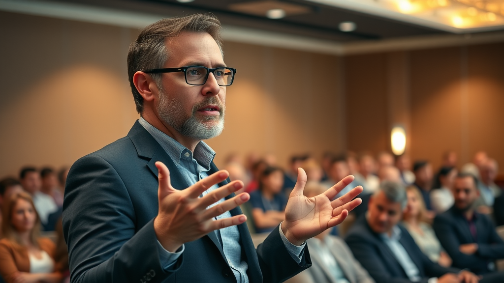 Confident entrepreneur presenting on strong brand voice at a branding seminar, highlighting importance to attentive audience in a professional conference setting.