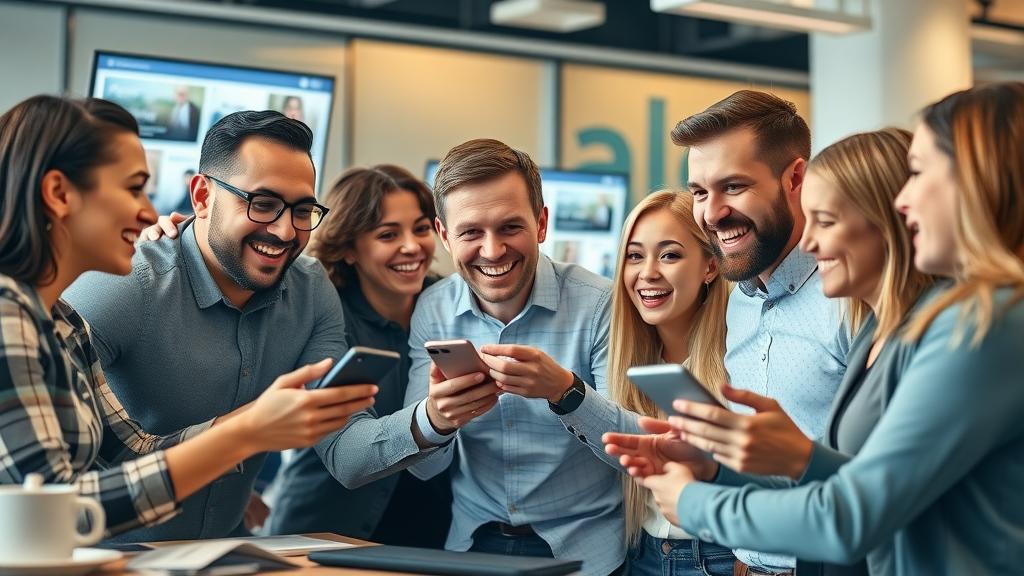 Energetic marketing team collaborating on a digital brand voice strategy for social media in a bright, modern workspace.