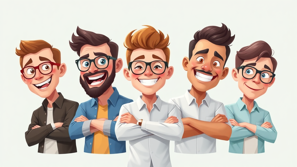 Illustrated brand persona avatars representing different communication styles and core brand values, designed for use in a brand voice guide.