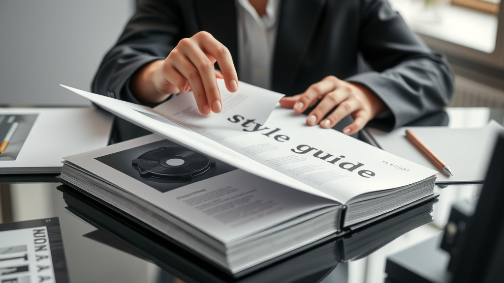 Hands flipping through a branded style guide book, focusing on brand voice and tone charts used to guide consistent communications.