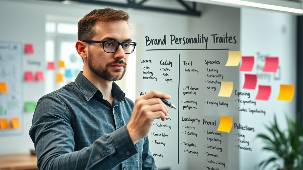 Creative professional diagramming key brand personality traits on a transparent whiteboard as part of the brand voice development process.