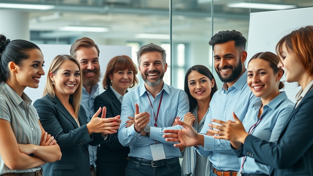 Brand voice examples, business team brainstorming in modern office, creative and confident expressions