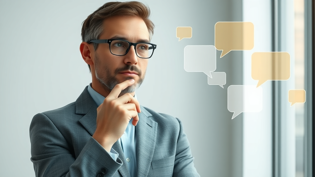 Brand voice concept, professional strategist considering digital communication speech bubbles