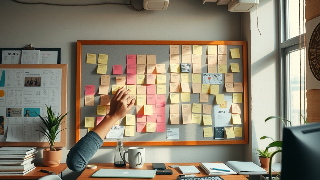 Brand voice guide, brand manager organizing notes for brand identity and core values