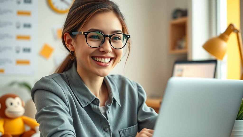 Friendly Mailchimp brand voice, cheerful woman working in Mailchimp interface