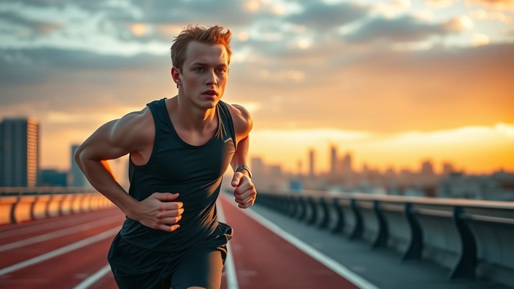 Nike brand voice, young man running at sunrise representing bold, motivational tone