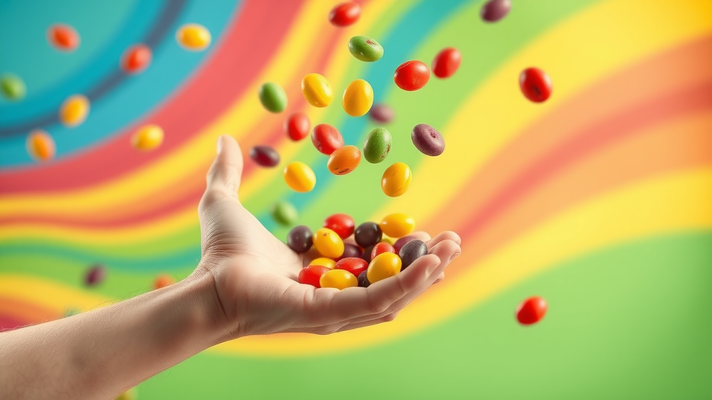 Skittles brand voice, hand tossing colorful Skittles candies with playful, quirky style