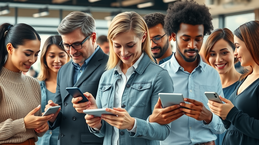 Brand tone and style - diverse consumers engaged with brand messaging, showing trust and connection, various digital and print channels in modern settings