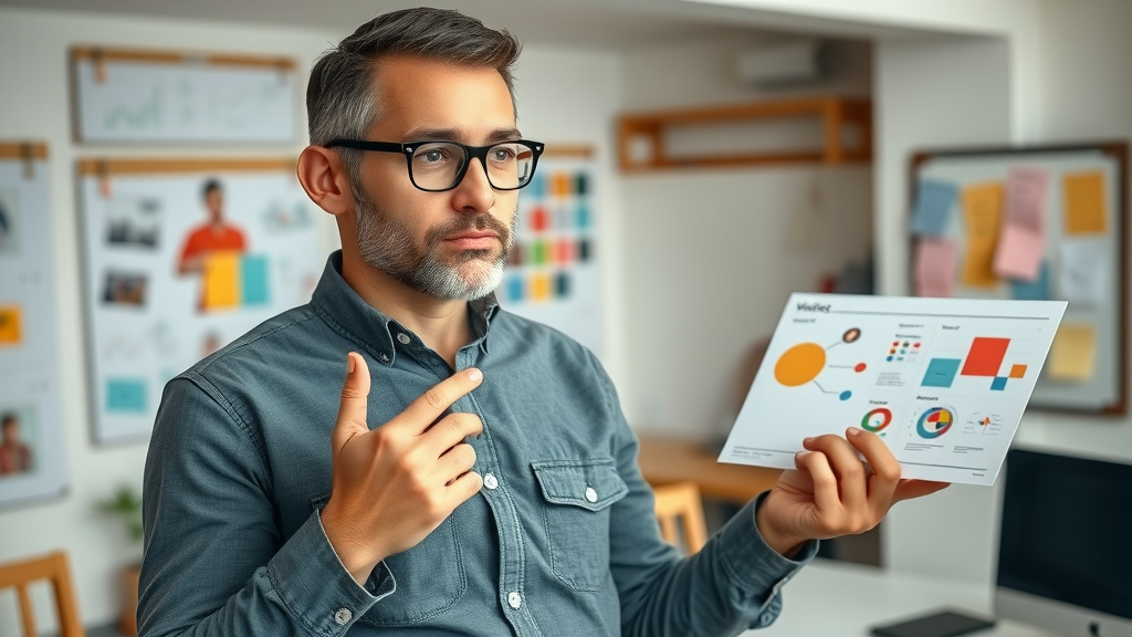 Brand tone and style explanation - marketing consultant with moodboards and voice charts explaining brand strategy in creative workspace