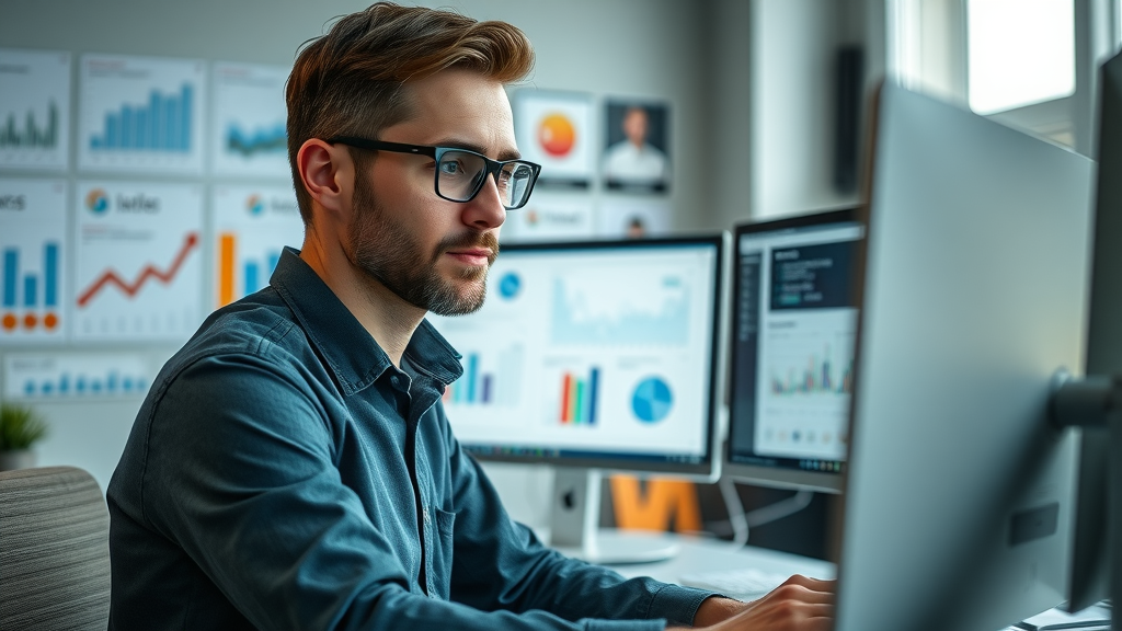 Brand tone and style audit - focused marketer reviewing digital content and analytics in office with branding collateral