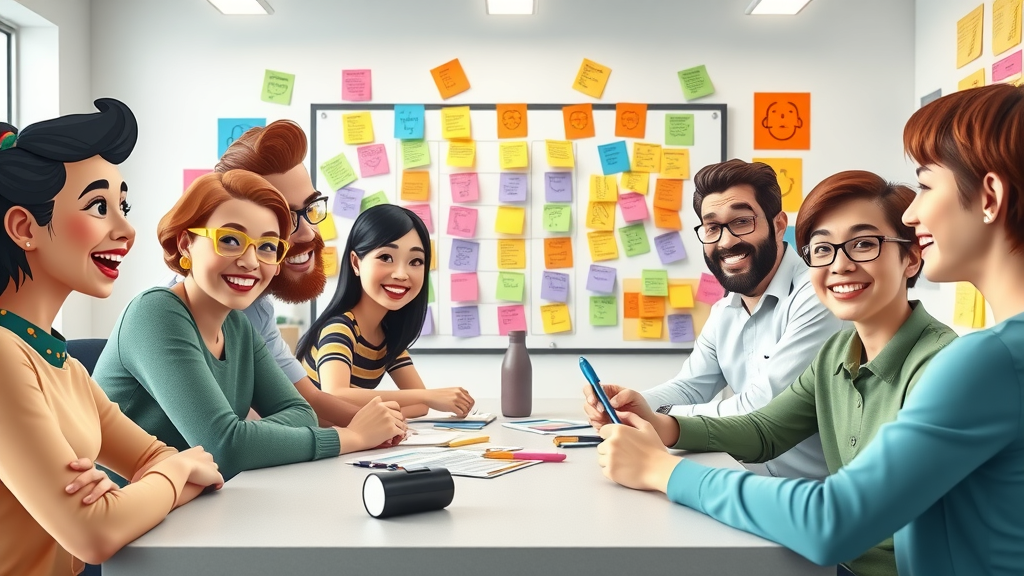 Brand persona development - lively workshop with personality cards and brainstorm wall, creative teamwork setting