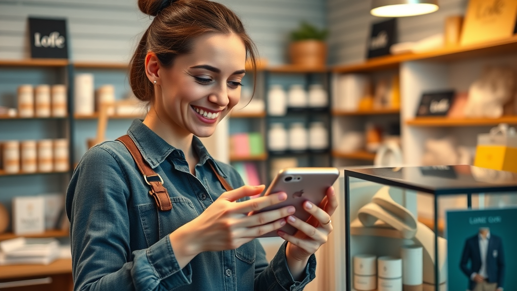 Brand voice implementation - small business owner reviewing digital messaging in boutique