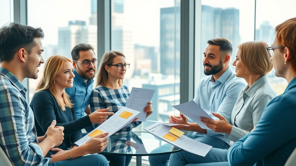 Brand tone and style feedback - customer focus group discussing brand messaging with charts and sticky notes