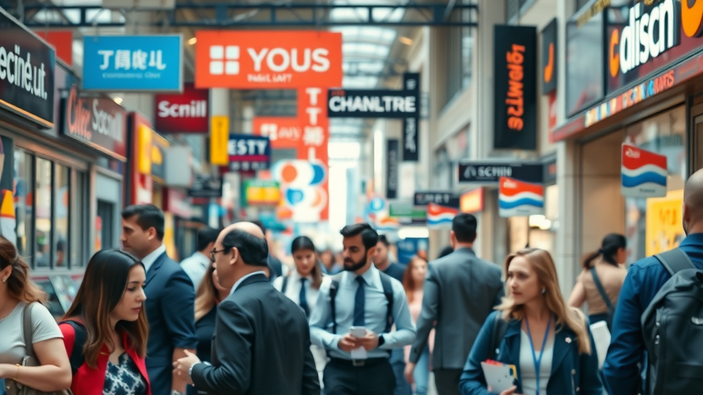 dynamic bustling marketplace, focused business logos and branding elements, diverse professionals interacting, brand identity in a contemporary city business district, photorealistic