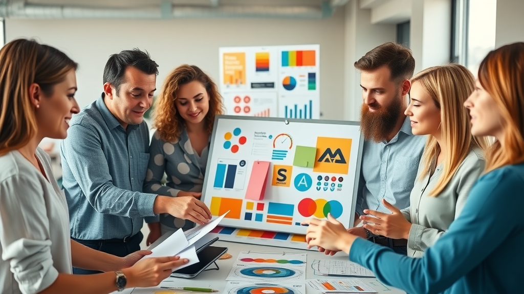 inspiring corporate team, brainstorming branding elements and mood boards, brand identity collaboration, photorealistic office environment