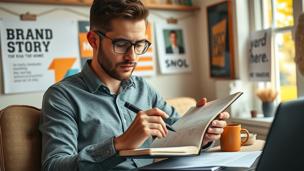 thoughtful entrepreneur sketching brand story ideas, brand persona planning, creative branding in a cozy office, photorealistic