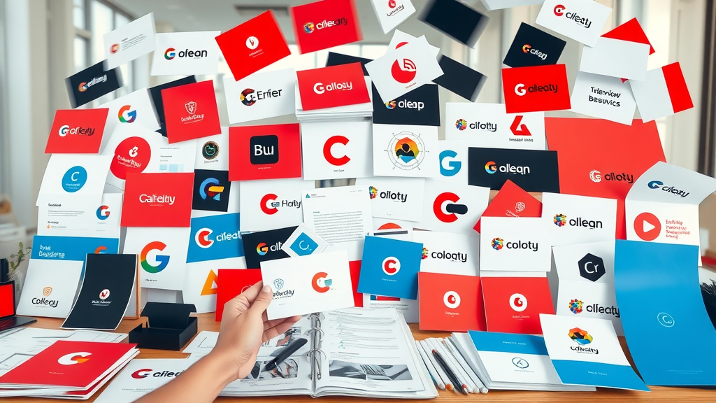 vivid array of business branding materials, logos, color swatches, typography samples, visual identity and color palette unified on modern workspace desk