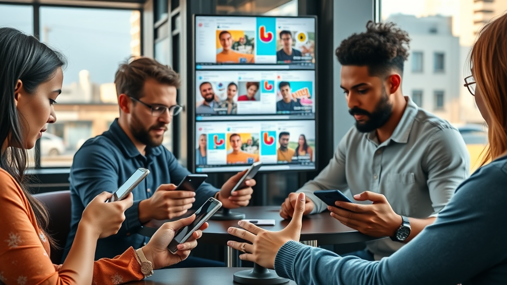 multiple digital screens with cohesive brand visuals in social media, consistent brand identity, photorealistic modern cafe scene