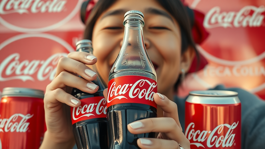 classic Coca-Cola bottle and can, iconic branding elements, brand identity with red and white color palette, joyful product placement, photorealistic