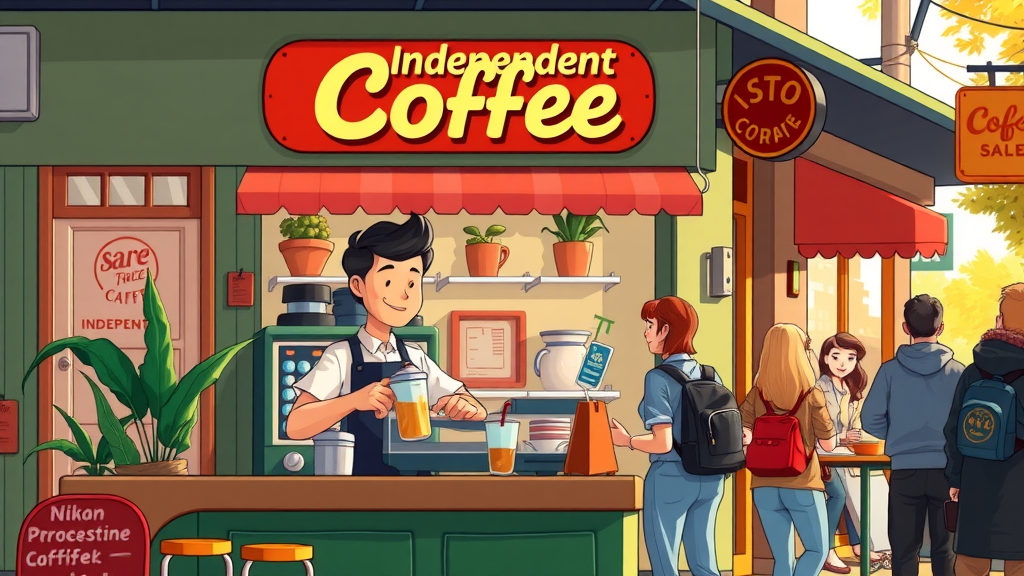 vibrant coffee shop, unique logo and color scheme, brand persona visualized in signature design, customer interaction at urban storefront