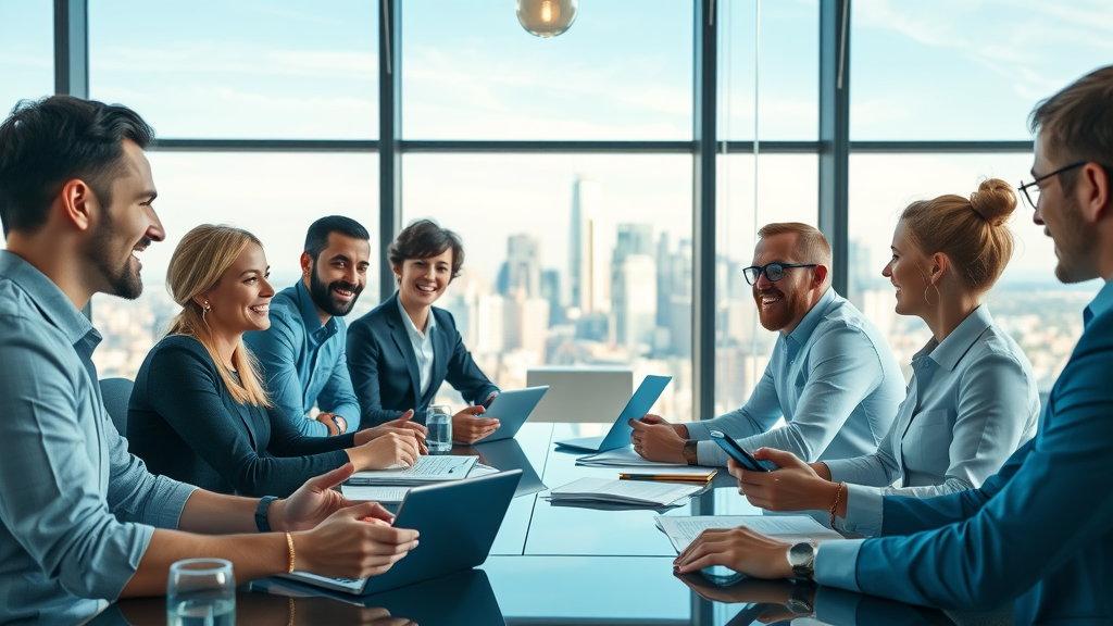 Brand communication strategy in action: diverse modern business team strategizing about brand messaging in a city office, devices and materials visible, bright lighting, enthusiastic engagement, cityscape view