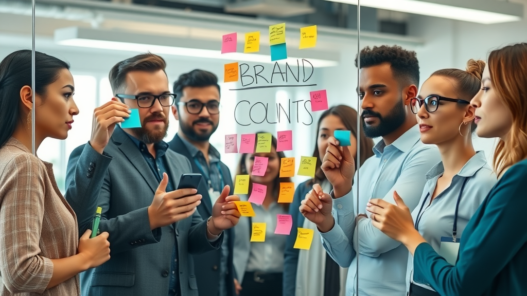 Brand communication strategy brainstorming: diverse team collaborating, writing concepts on glass board in a creative bright office
