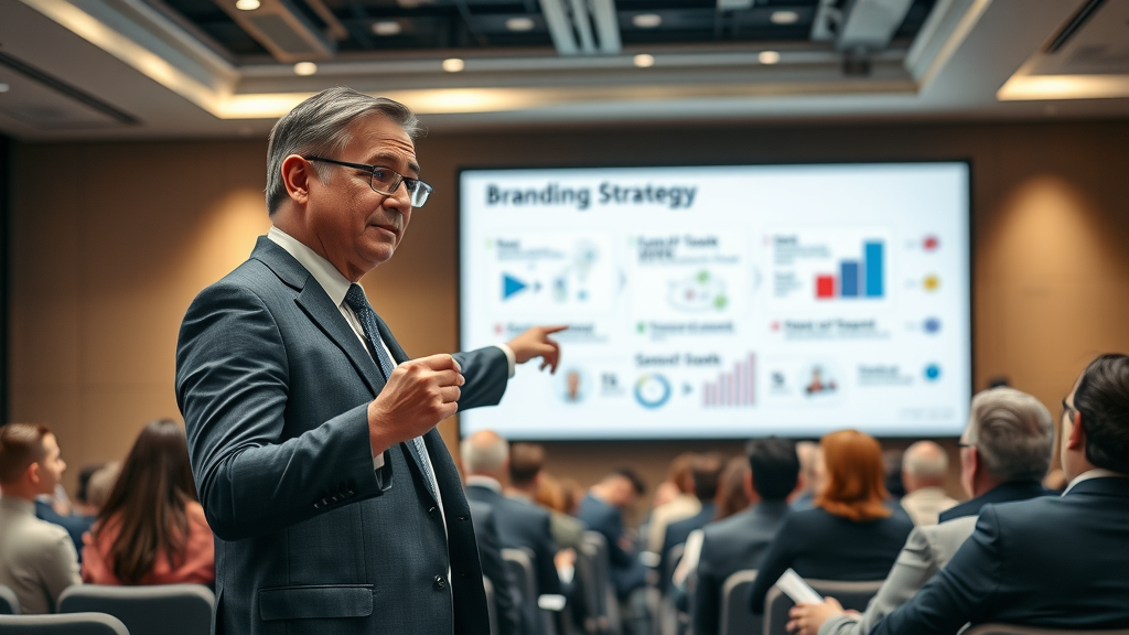 Brand communication expert presenting a strategy framework on a digital screen to an attentive audience in a modern seminar