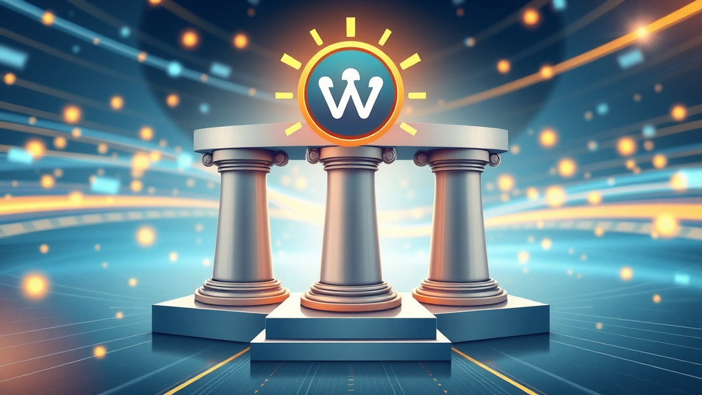 5 pillars of brand strategy illustration: strong abstract supports holding a brand icon, blue, gold and white digital accents