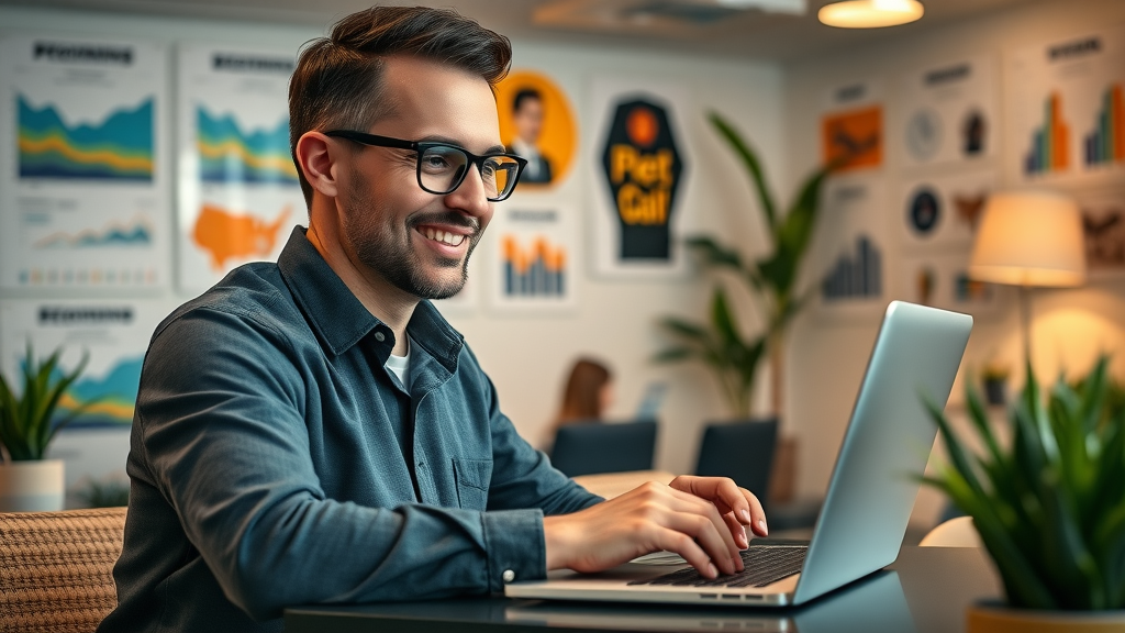 Brand manager analyzing campaign performance data for an effective communication strategy, warm ambient workspace