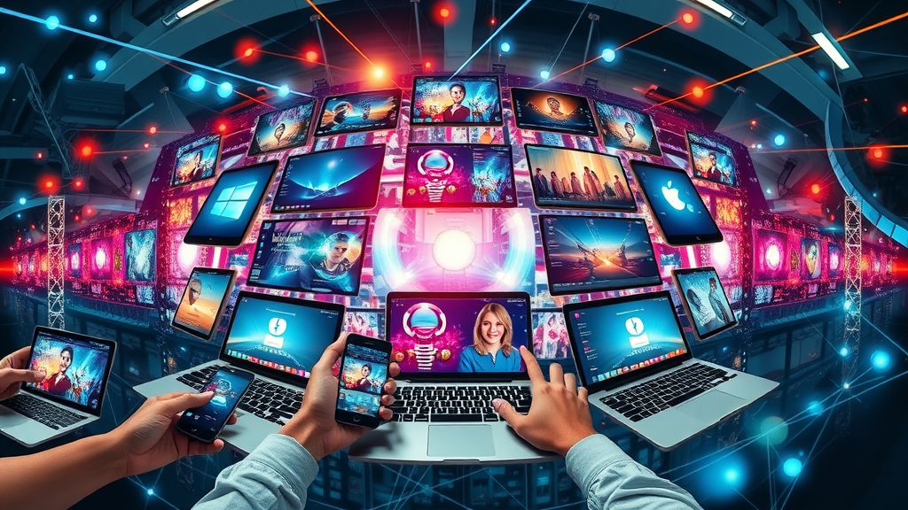 Collage of multiple communication channels: smartphones, laptops, print ads, event stage, network lines