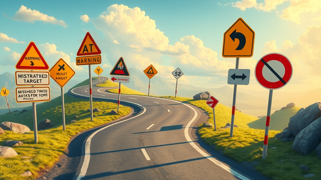 Illustration of a winding road with warning signs indicating major pitfalls in brand communication strategy