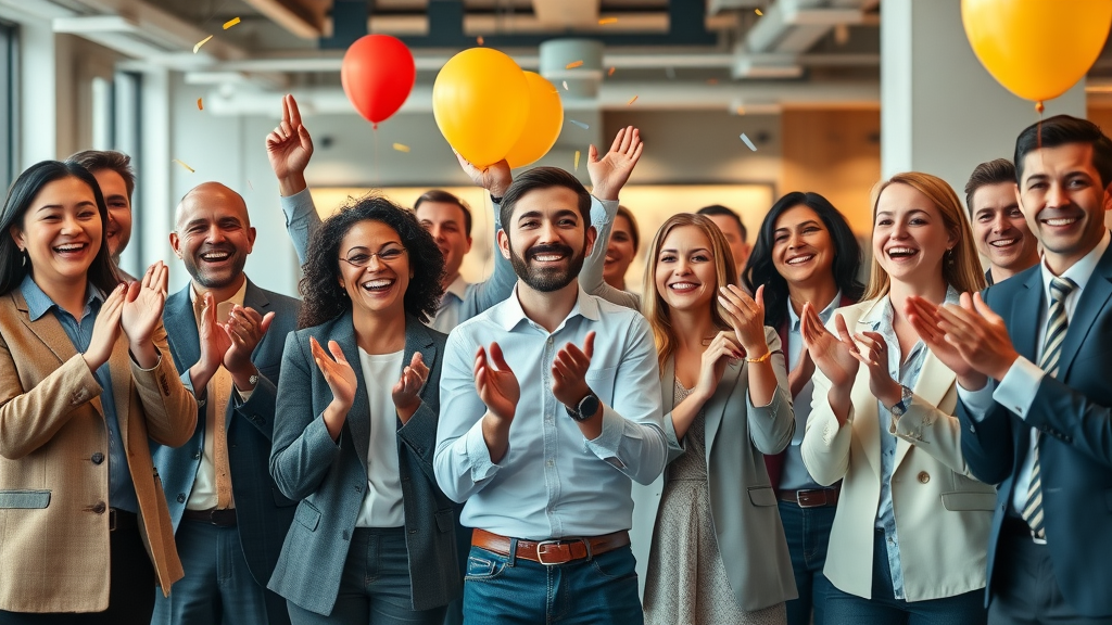 Professionals celebrating a successful campaign launch, bright modern office, visible diversity and joy