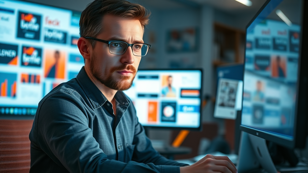 Marketer analyzing brand voice in marketing messages in a creative, digital workspace.