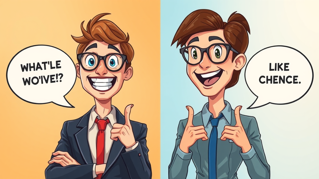 Two professionals contrasting brand voice and tone of voice in marketing, creative versus corporate style illustration.