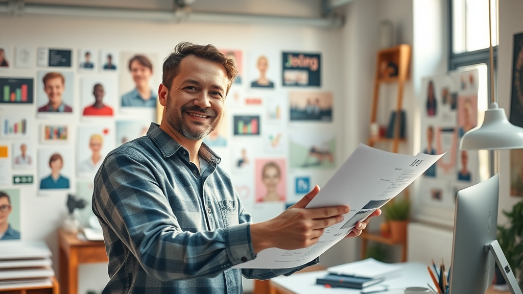 Designer developing brand persona and brand identity in marketing vision board studio.