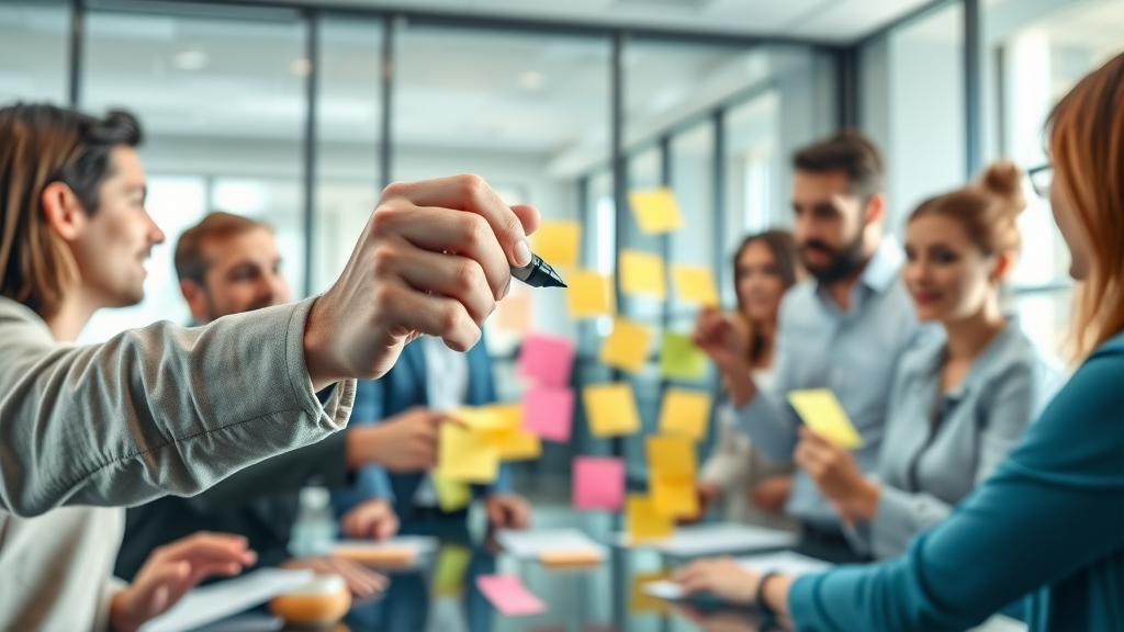 Marketing team brainstorming core brand values, persona, and identity in a workshop for brand voice in marketing.