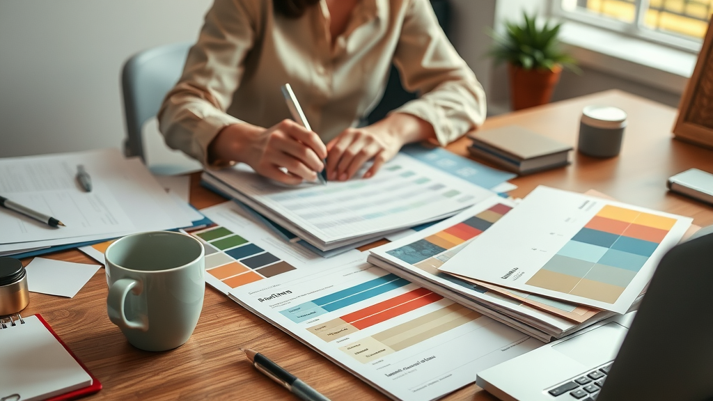 Marketing professional arranging comprehensive style guide documents for brand voice consistency in marketing.