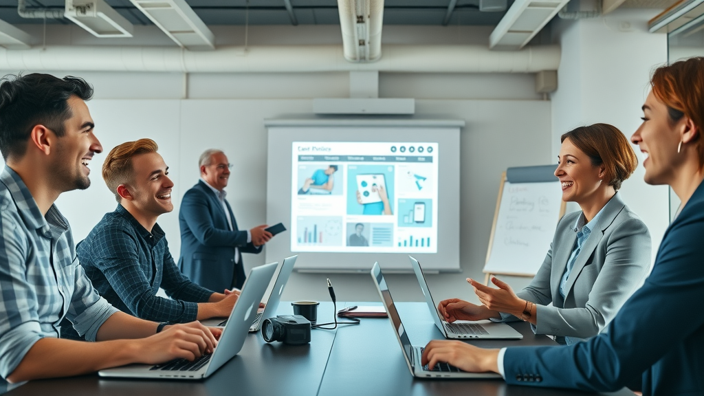 Corporate team attending onboarding training on brand voice and tone in marketing communications.